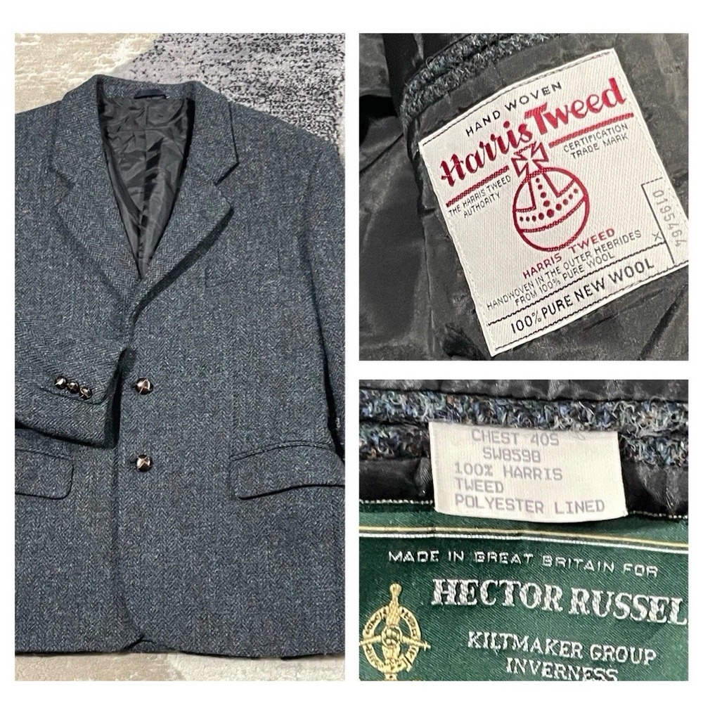 VTG Hector Russell Wool Blazer Men 40S Blue Harris Tweed Herringbone Sport Coat